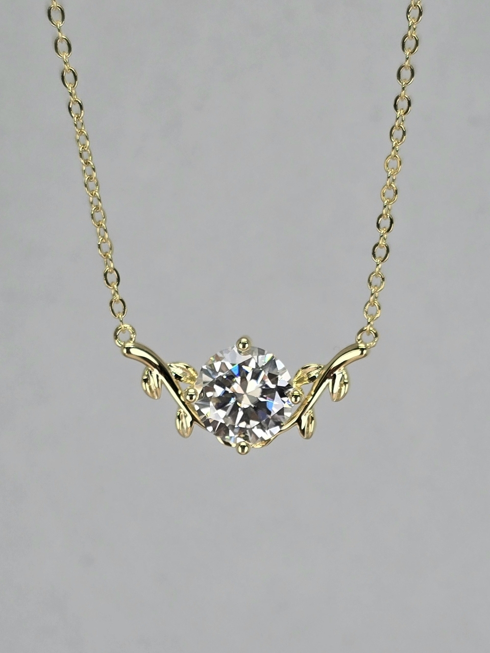 14k Gold-Filled Leaf Solitaire Necklace with Clear 2.0ct Moissanite